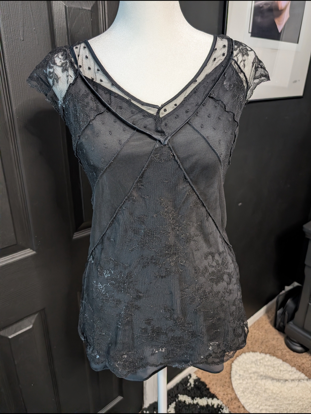 White House Black Market Black Sheer Lace Overlay Top